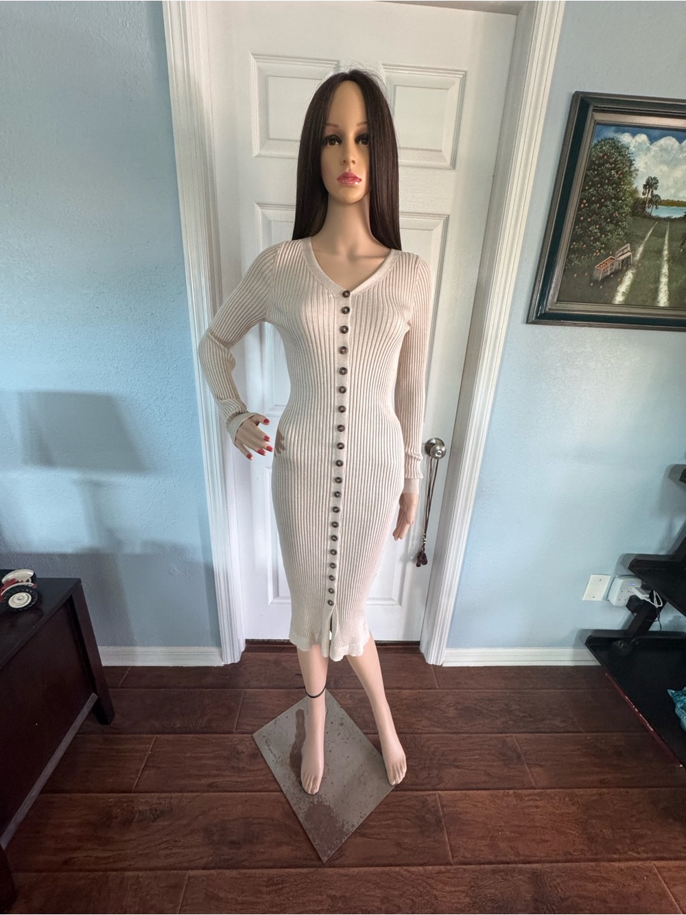 Ribbed Button-Front Cream Midi Dress - Picture 2 of 3